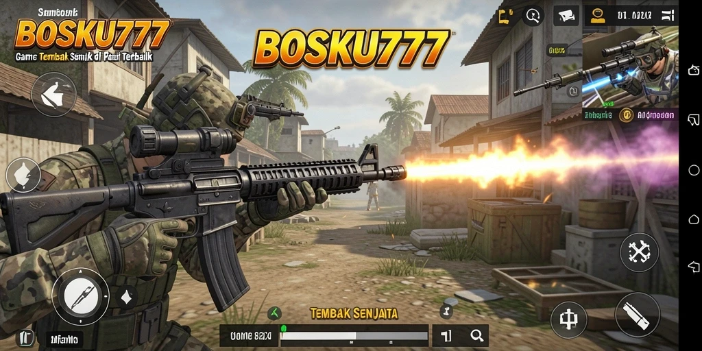 Antarmuka gameplay <strong>BOSKU777</strong> yang menampilkan aksi tembak menembak yang seru.