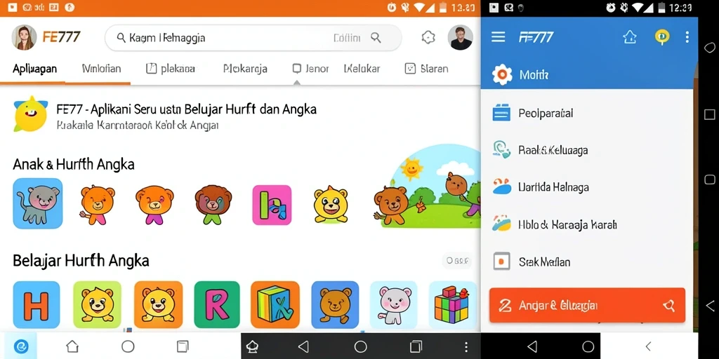 Tampilan antarmuka FE777 dengan berbagai aktivitas belajar huruf dan angka.